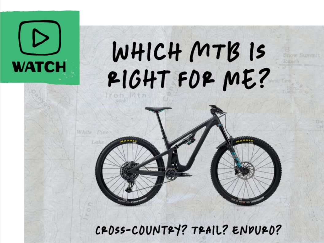 A mountain bike on a paper background. The text overlay reads: Which MTB is right for me?